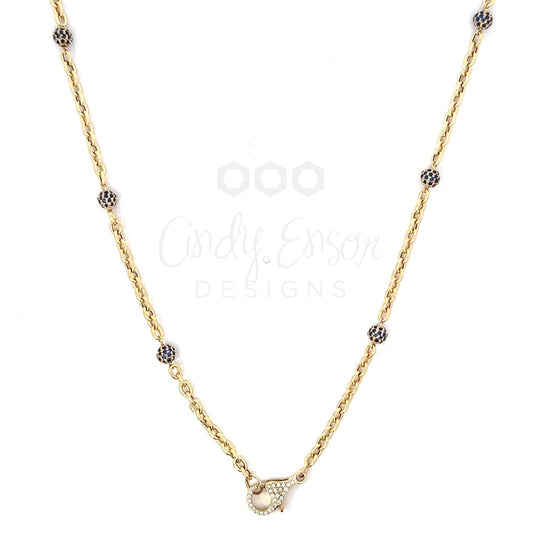 Yellow Gold Oval Link Necklace with Sapphire Bead Accents and Tiny Pave Lobster