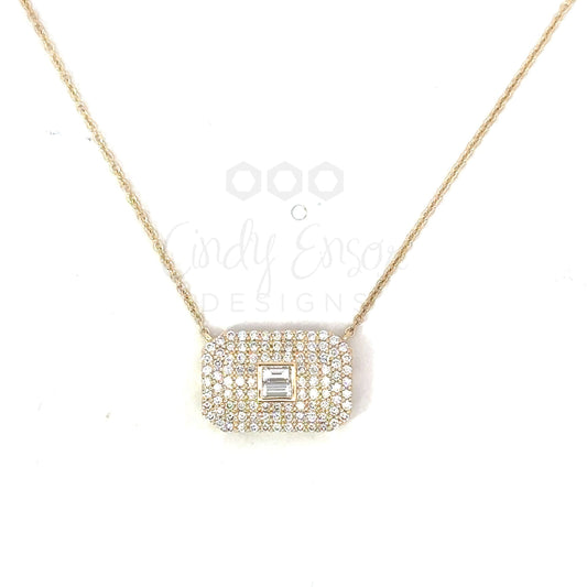 Pave Rectangle Shaped Necklace with Emerald Cut Diamond