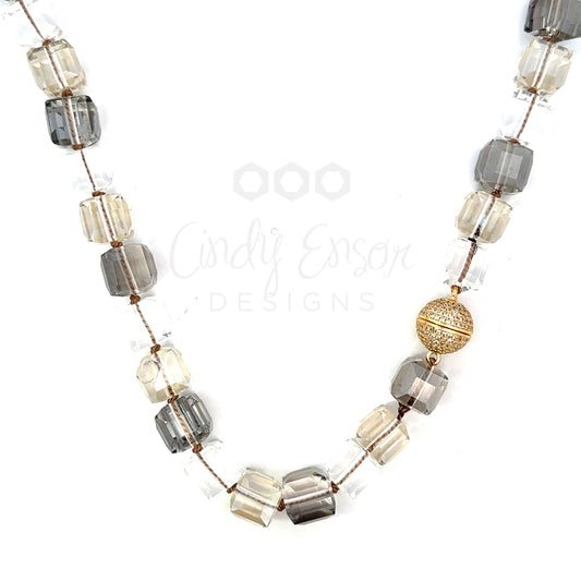 Hand Knotted Short Two Tone Square Crystal Necklace with Gold Tone Magnetic Clasp