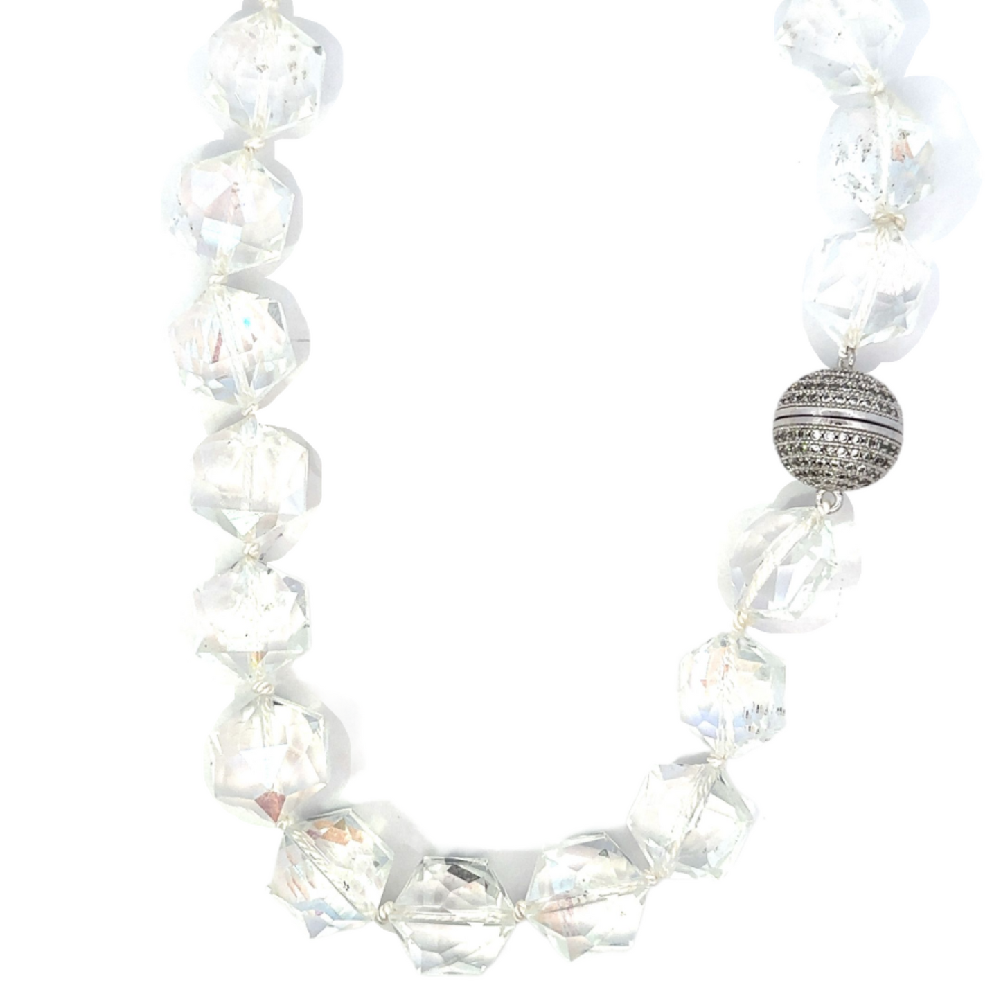 Hand Knotted Clear Crystal Necklace with Silver Tone Magnetic Clasp