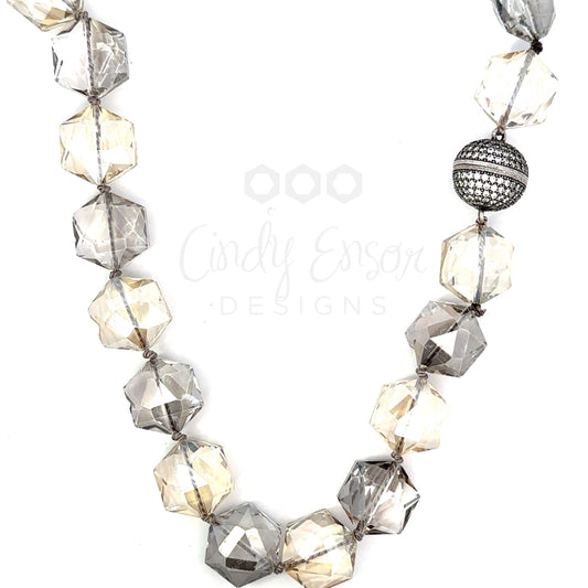 Hand Knotted Two Tone Crystal Necklace with Silver Plated Magnetic Closure