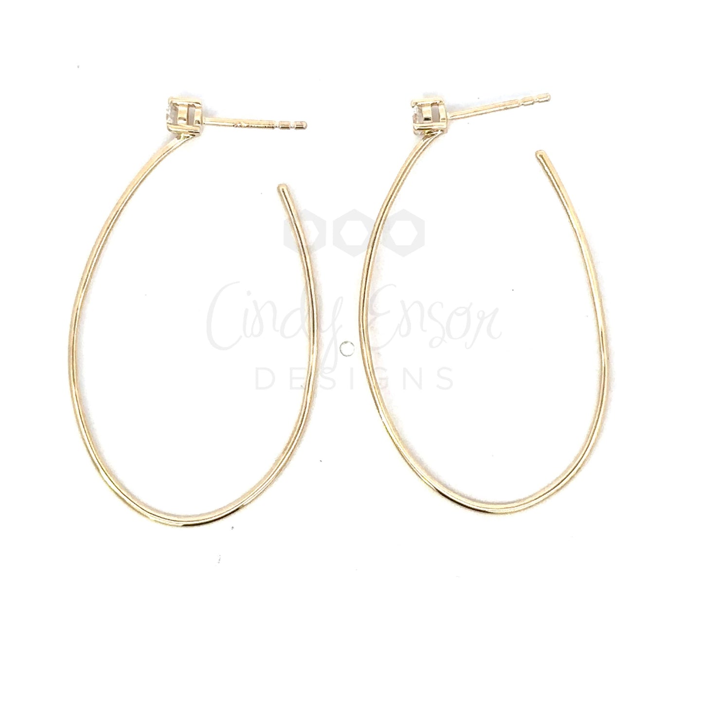 Thin Oval Hoop Earring with Prong Set Diamond Post