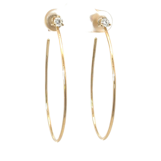 Thin Oval Hoop Earring with Prong Set Diamond Post