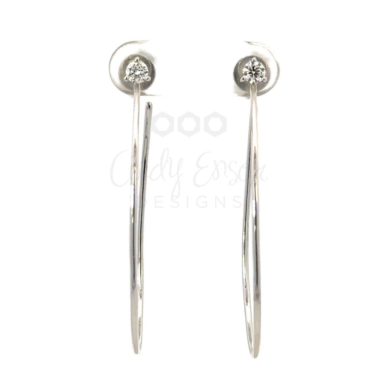 Thin Oval Hoop Earring with Prong Set Diamond Post