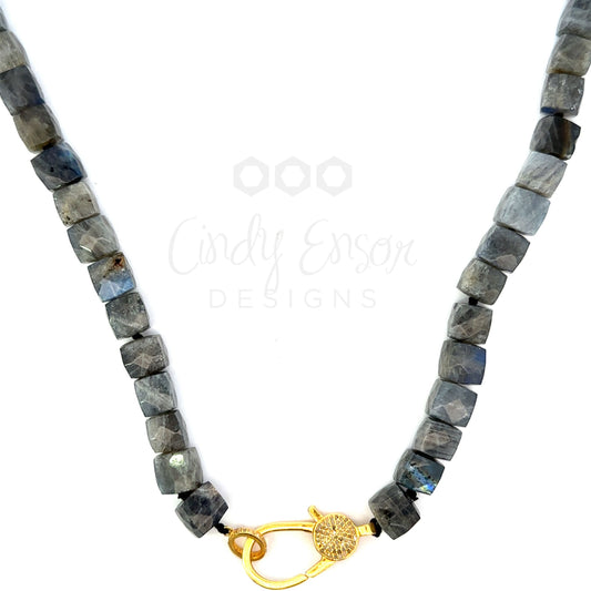 Cubed Labradorite Hand Knotted Necklace with Vermeil Pave Lobster