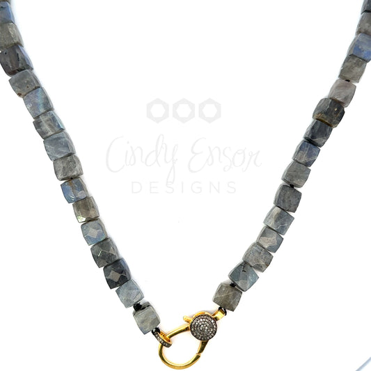 Cubed Labradorite Hand Knotted Necklace with Two Tone Vermeil Pave Lobster