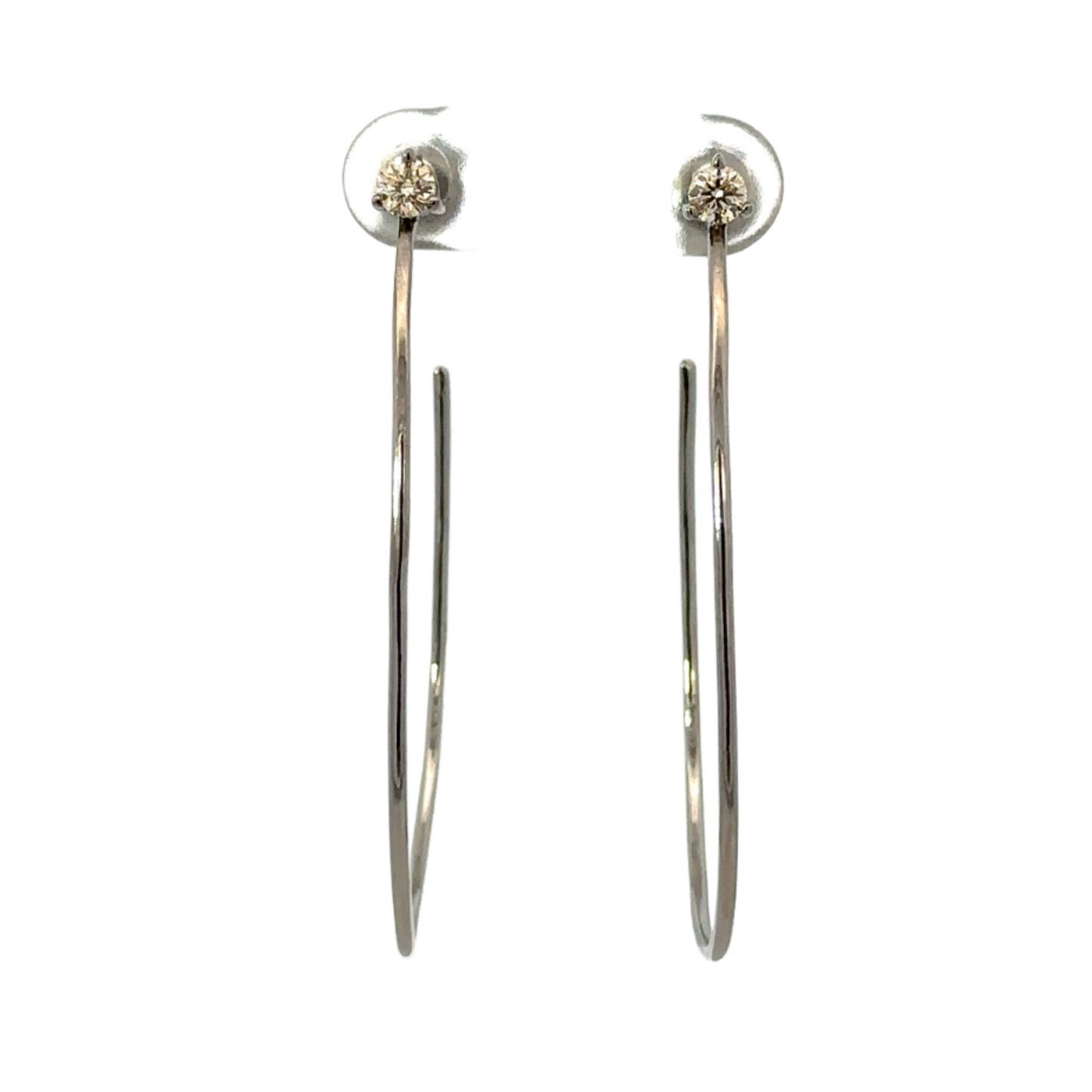Thin Oval Hoop Earring with Prong Set Diamond Post