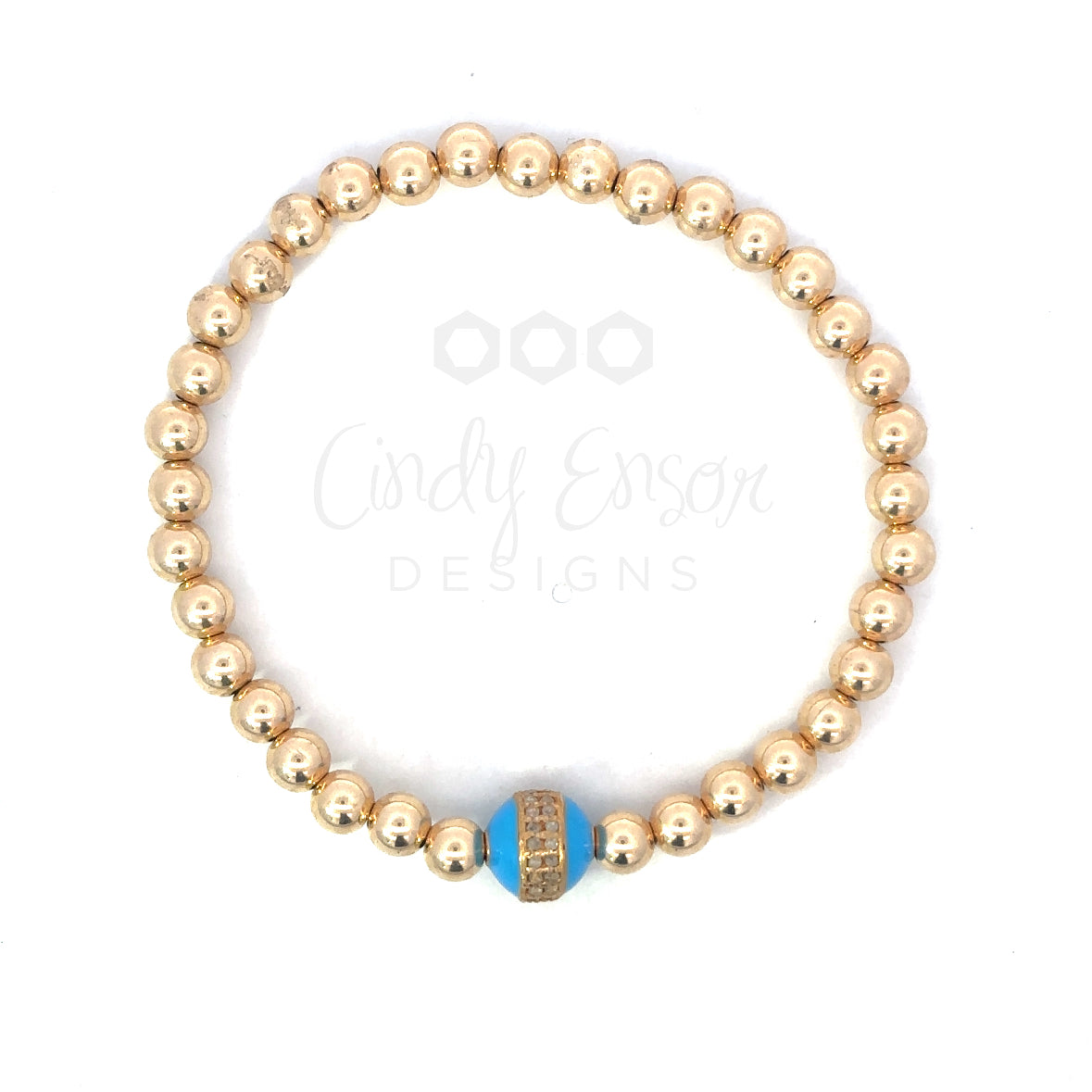 5mm Yellow Gold Filled Bead Bracelet with 8mm Pave Enamel Bead