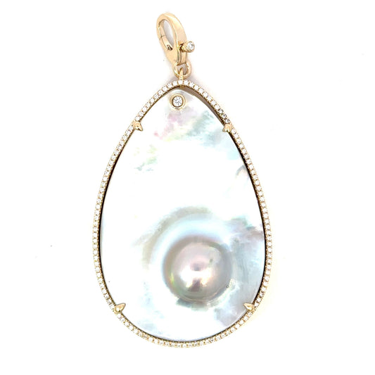 Yellow Gold Mabe Pearl Pendant with Clip on Bail and Pave Border