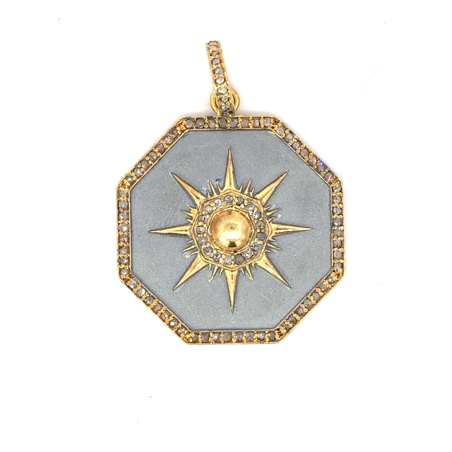 Brushed Metal Hexagon Pendant with Center Stone
