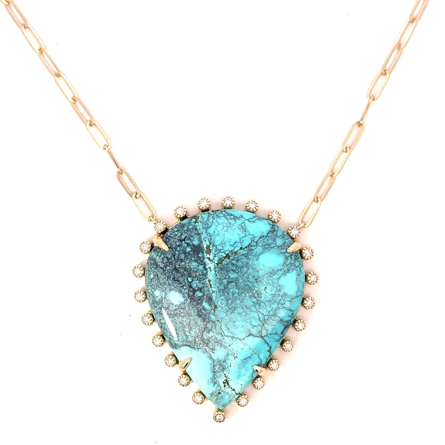 Yellow Gold Organic Teardrop Turquoise Paper Clip Necklace with Milgrain Diamond Border