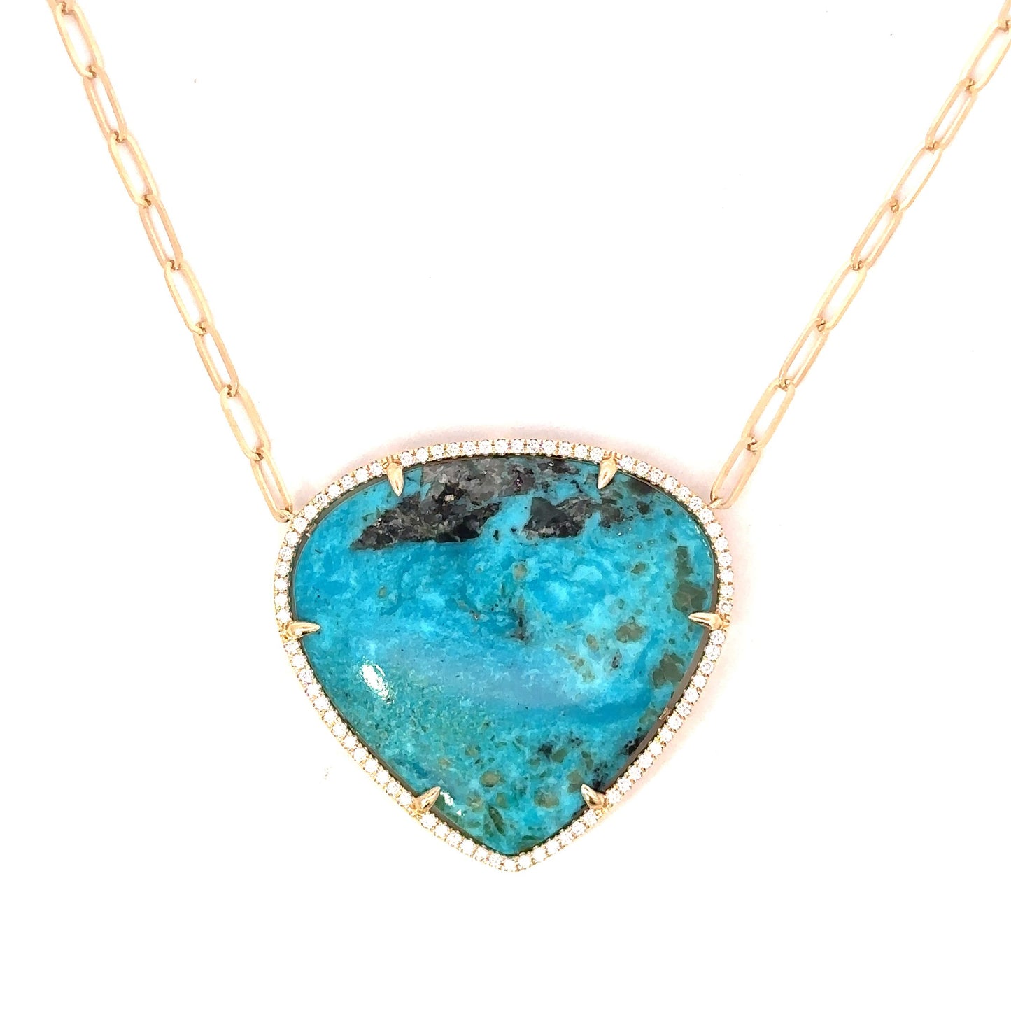 Yellow Gold Organic Triangle Turquoise Paper Clip Necklace with Pave Border