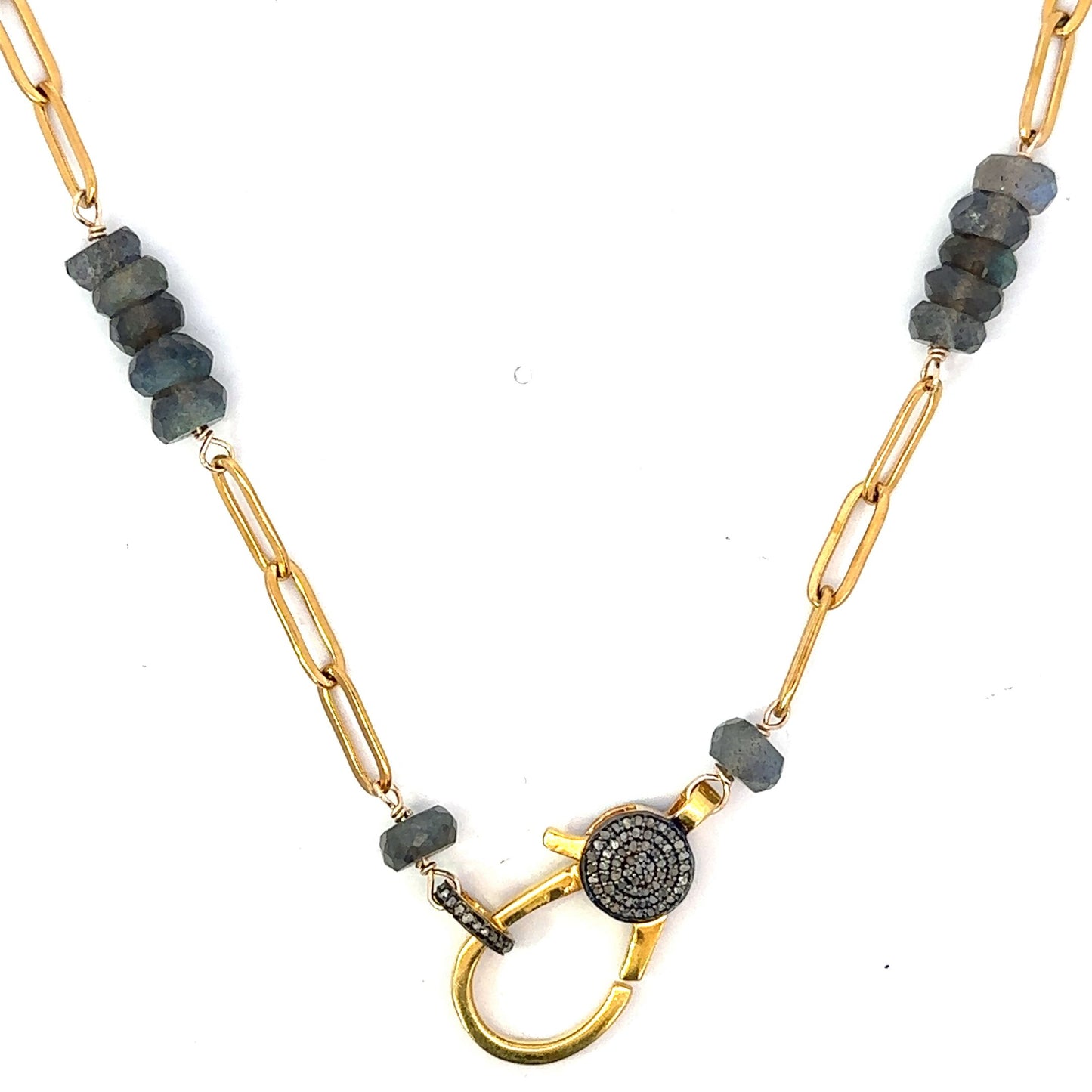 Vermeil Paper Clip and Labradorite Alternating Necklace with Pave Diamond Lobster