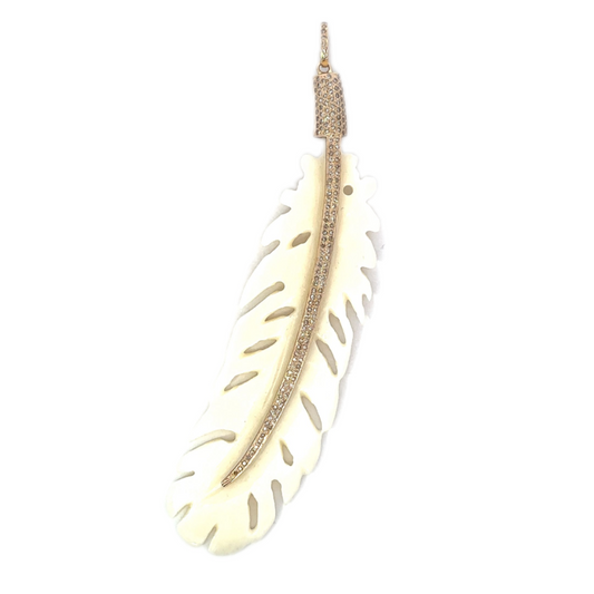 Extra Large Bone Feather Pendant with Diamond Accents