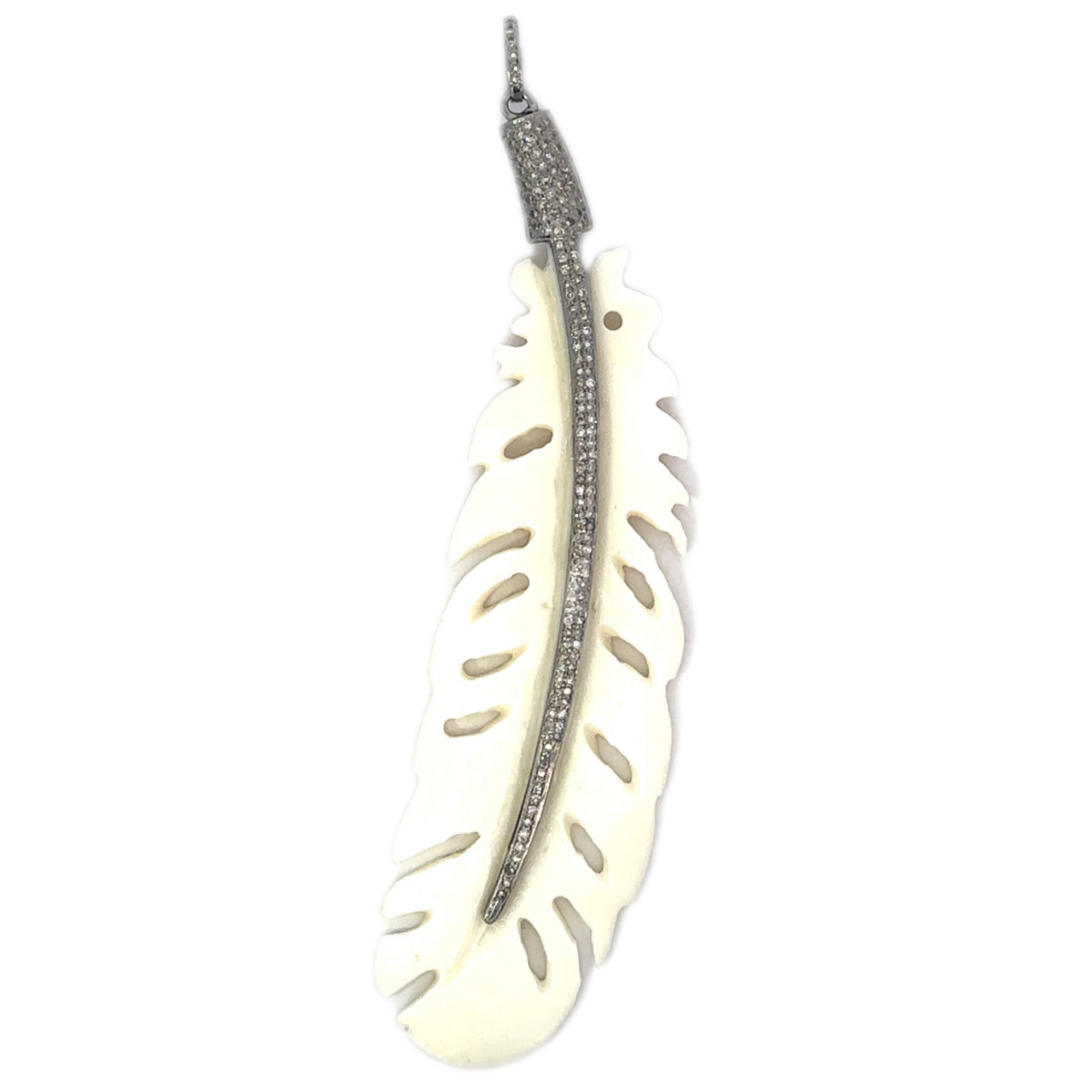 Extra Large Bone Feather Pendant with Diamond Accents