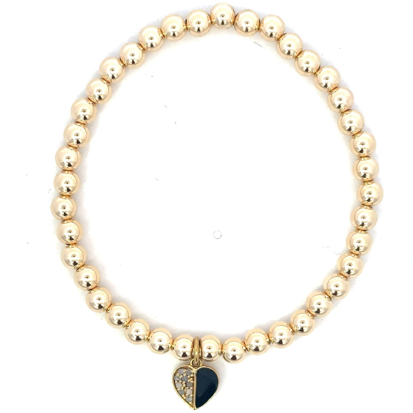 Gold Filled Bead Bracelet with Black Enamel and Pave Heart Charm