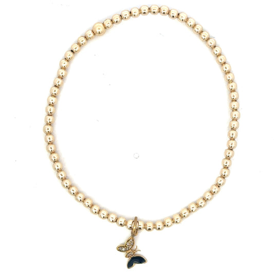 Gold Filled Bead Bracelet with Black Enamel and Pave Butterfly Charm