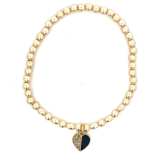 Gold Filled Bead Bracelet with Black Enamel and Pave Heart Charm