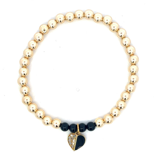Gold Filled Bead Bracelet with Black Beads and Enamel Heart Charm