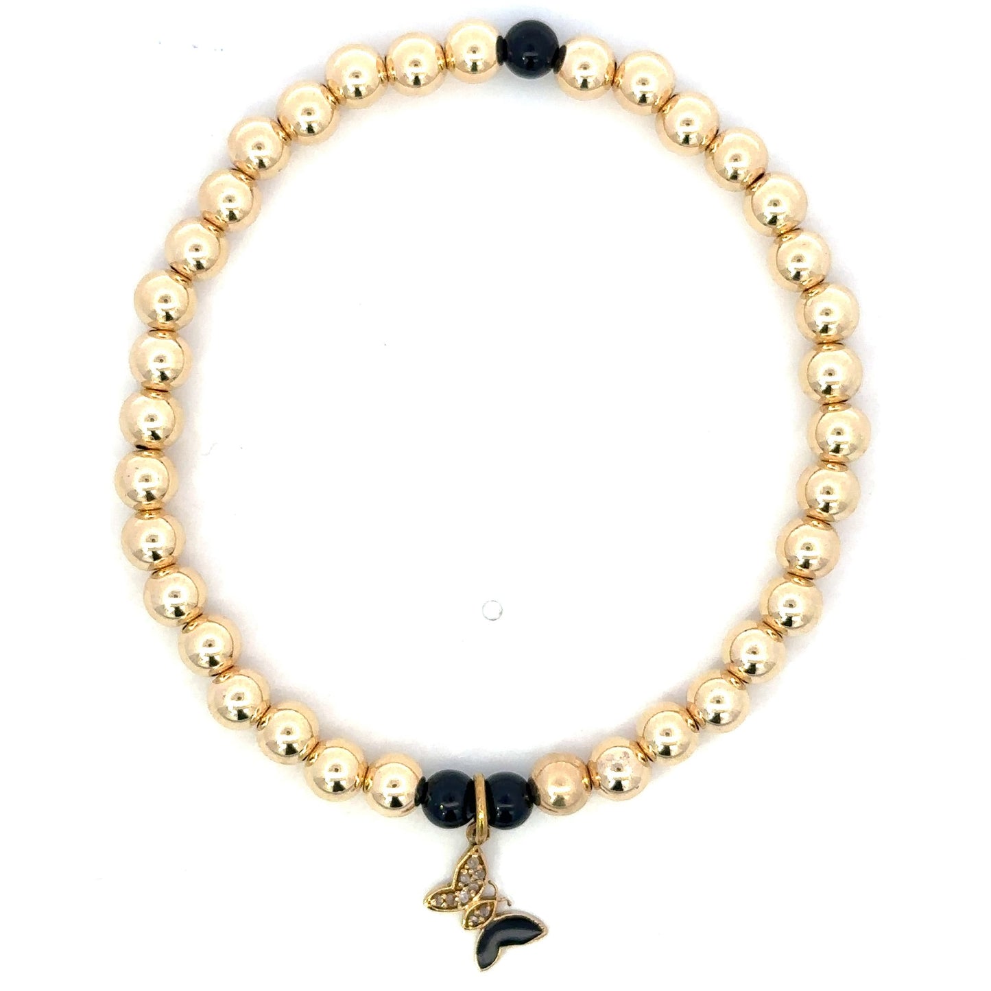 Gold Filled Bead Bracelet with Black Beads and dBlack Enamel Butterfly Charm