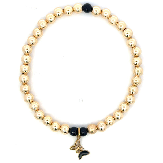 Gold Filled Bead Bracelet with Black Beads and dBlack Enamel Butterfly Charm
