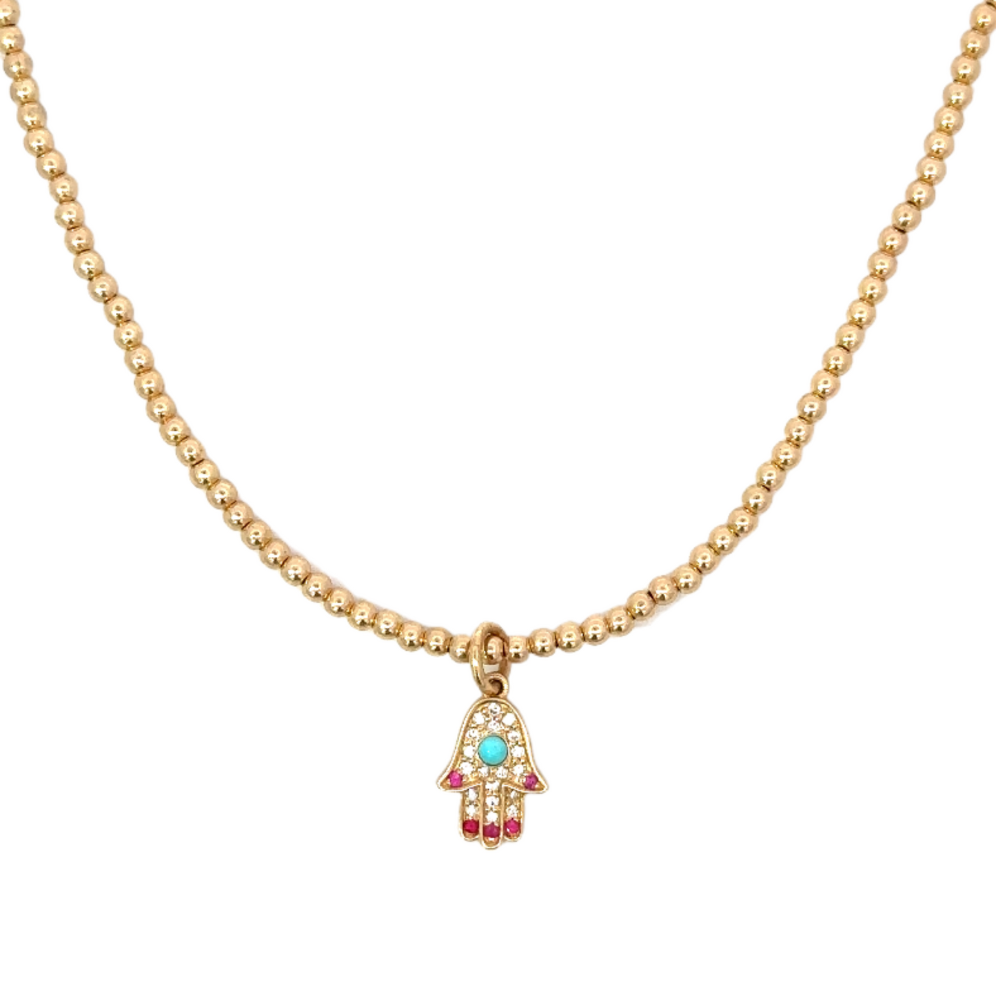 2mm Yellow Gold Filled Bead Necklace with Yellow Gold Pave Hamsa Charm