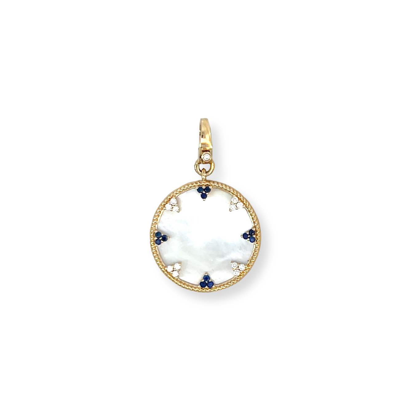 Mother of Pearl Disc Pendant with Diamonds and Sapphire Clusters