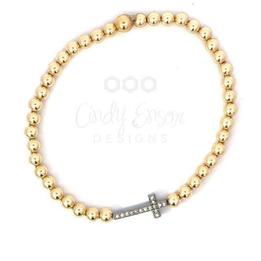 4mm Yellow Gold Filled Bead Bracelet with Sterling Pave Sideways Cross