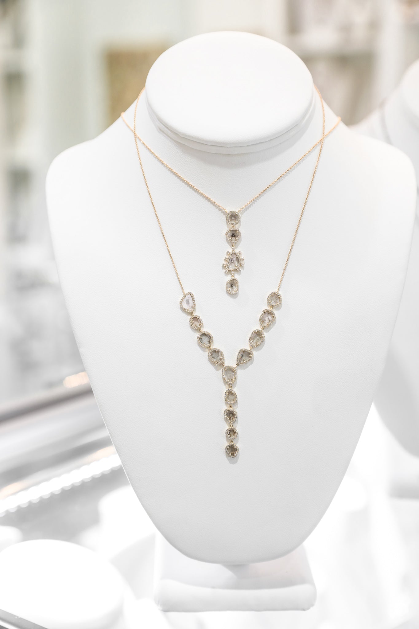 Y-Drop 4 Sliced Diamond Necklace with Baguette Diamond Accents