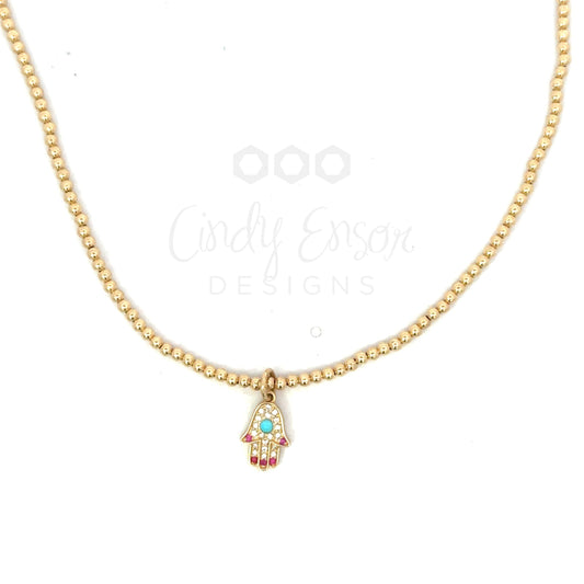 2mm Yellow Gold Filled Bead Necklace with Yellow Gold Pave Hamsa Charm