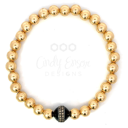 6mm Yellow Gold Filled Bead Bracelet with 8mm Pave Enamel Bead