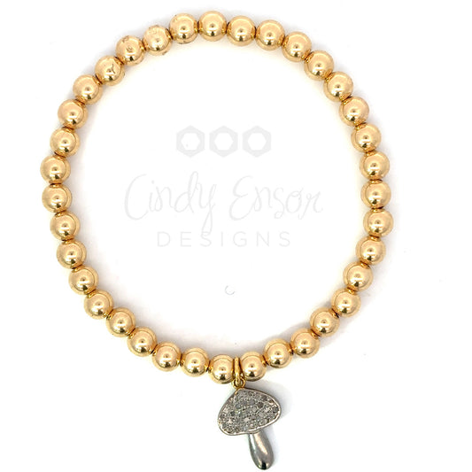 5mm Yellow Gold Filled Bead Bracelet with Sterling Pave Mushroom