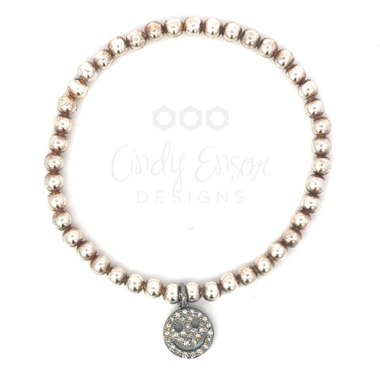 4mm Sterling Silver Bead Bracelet with Sterling Pave Smiley Charm