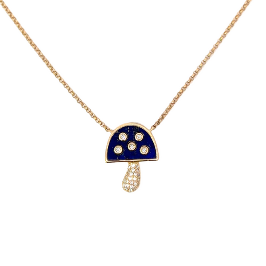Yellow Gold Lapis and Pave Diamond Mushroom Shaped Necklace