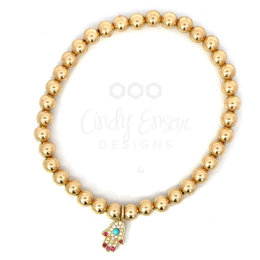 5mm Yellow Gold Filled Bead Bracelet with Pave Hamsa