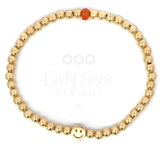 4mm Yellow Gold Filled Bead Bracelet with Smiley Face Charm