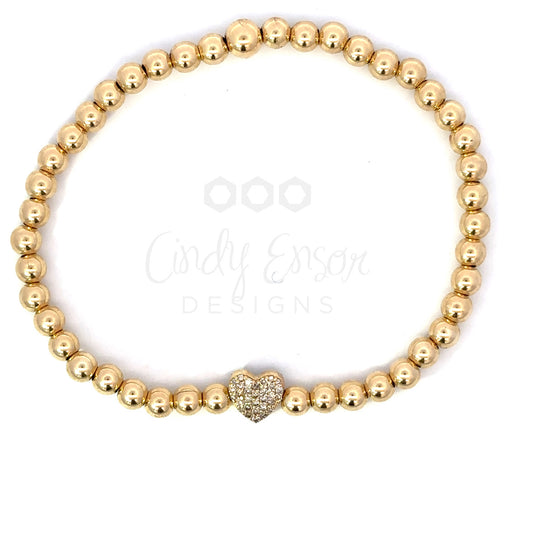 4mm Yellow Gold Filled Bead Bracelet with Pave Diamond Heart