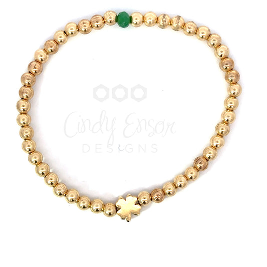 4mm Yellow Gold Filled Bead Bracelet with Gold Clover