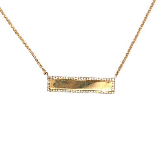 Horizontal Polished Bar Necklace with Pave Diamond Border