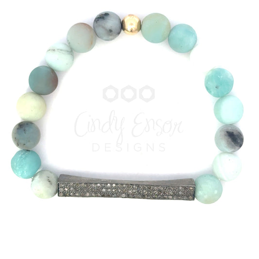 Amazonite Beaded Bracelet with Sterling Pave Large Bar