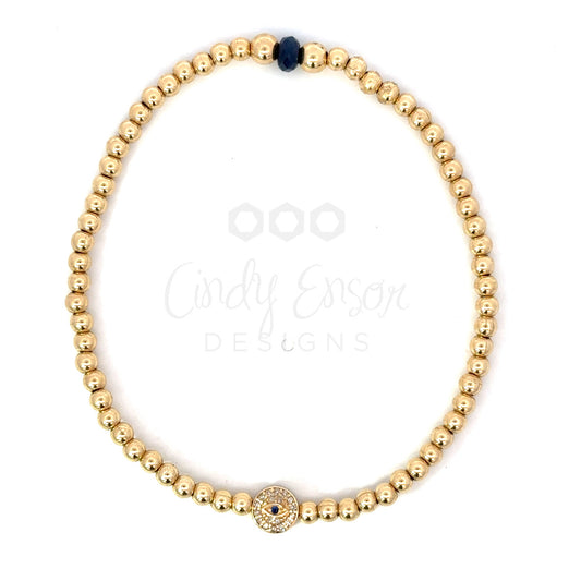 3mm Yellow Gold Filled Bead Bracelet with Pave Evil Eye Charm
