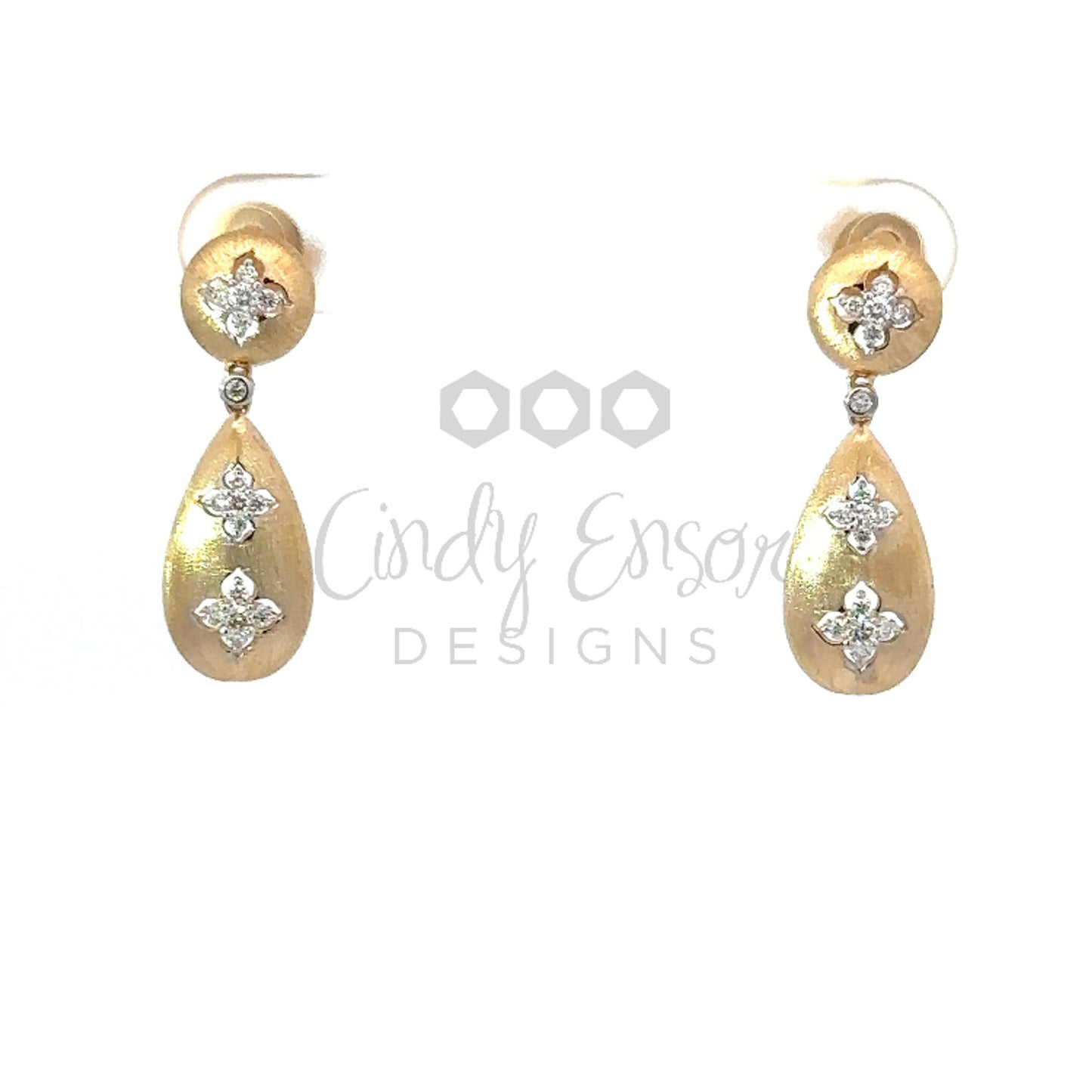 Yellow Gold Brushed Metal Tear Drop Earring with Cross Diamond Accents