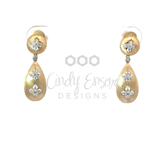 Yellow Gold Brushed Metal Tear Drop Earring with Cross Diamond Accents