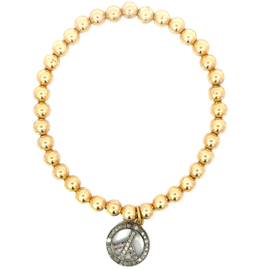 Gold Filled Bead Bracelet with Sterling Pave Peace Sign
