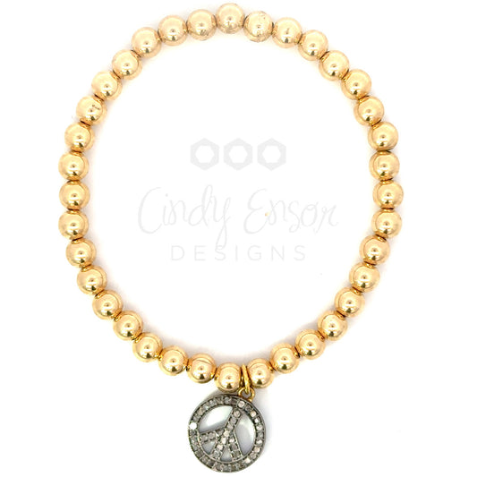5mm Yellow Gold Filled Bead Bracelet with Sterling Pave Peace Sign