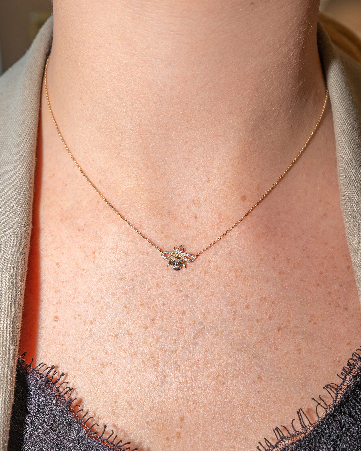 Black and White Pave Diamond Bee Necklace