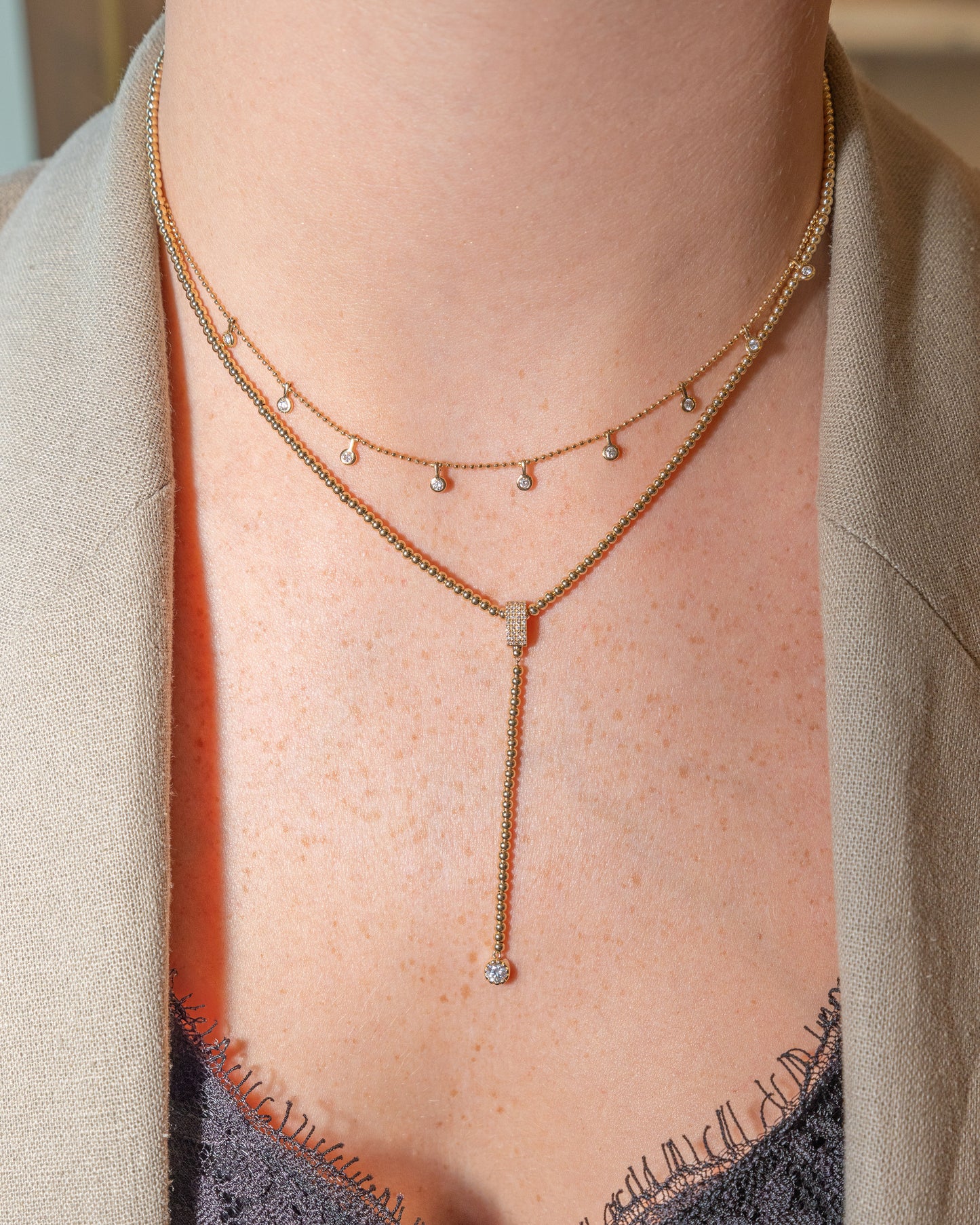 Bead Ball Y-Drop Necklace with Diamond Accent