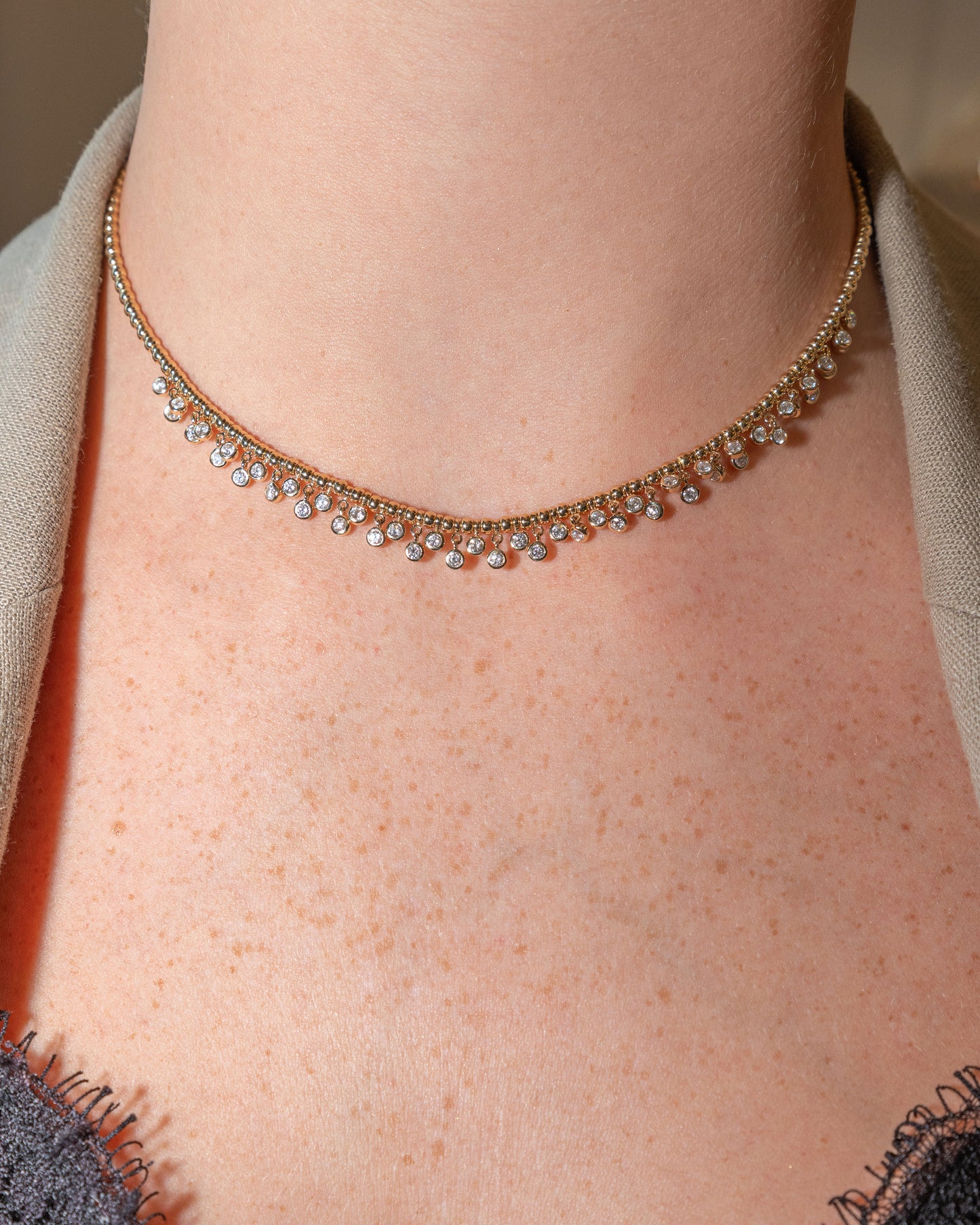 Yellow Gold Alternating Bead Chain Necklace with Multi Bezeled Diamond Drops