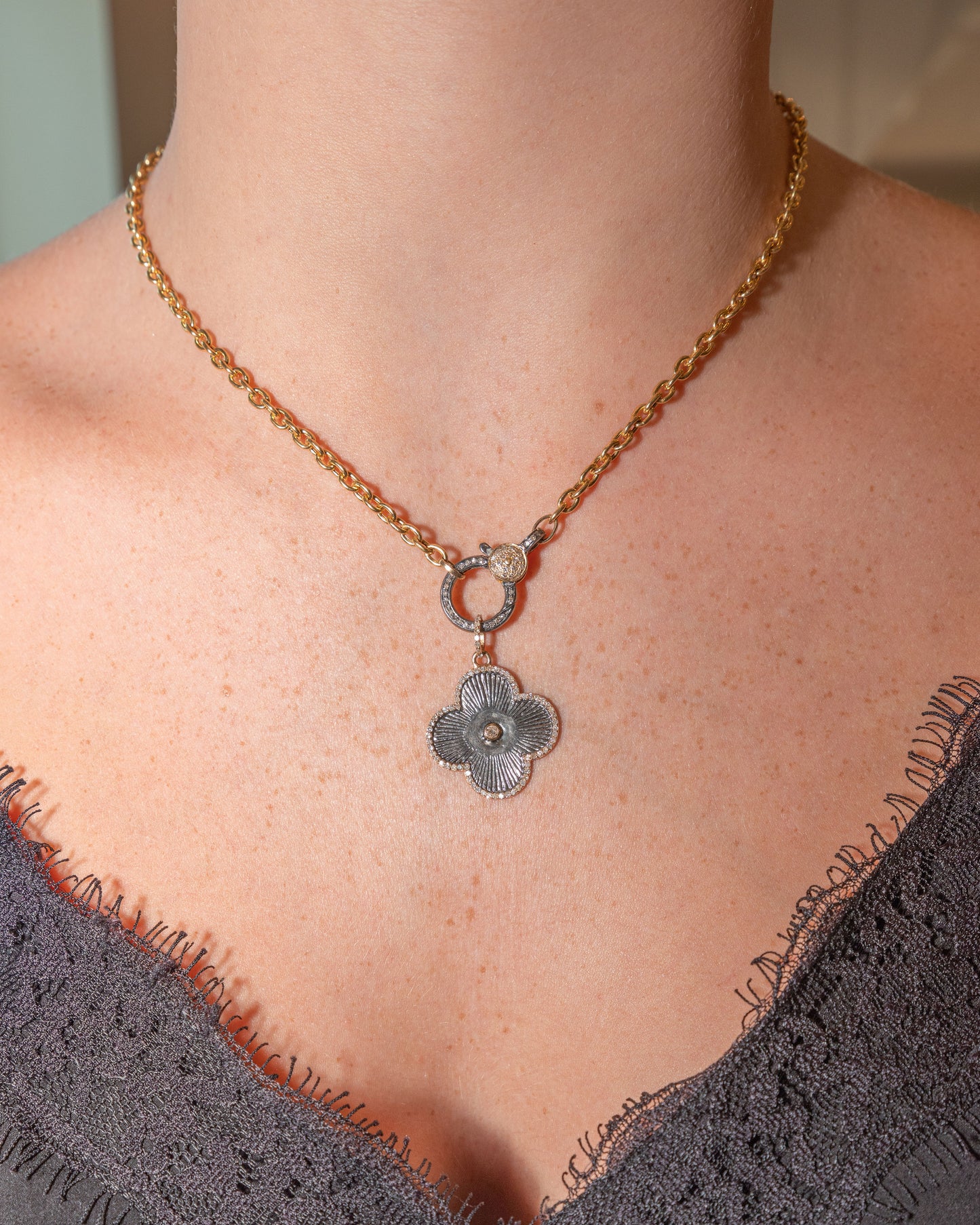Large Mixed Metal Clover Pendant with Bezeled Diamond and Pave Detail
