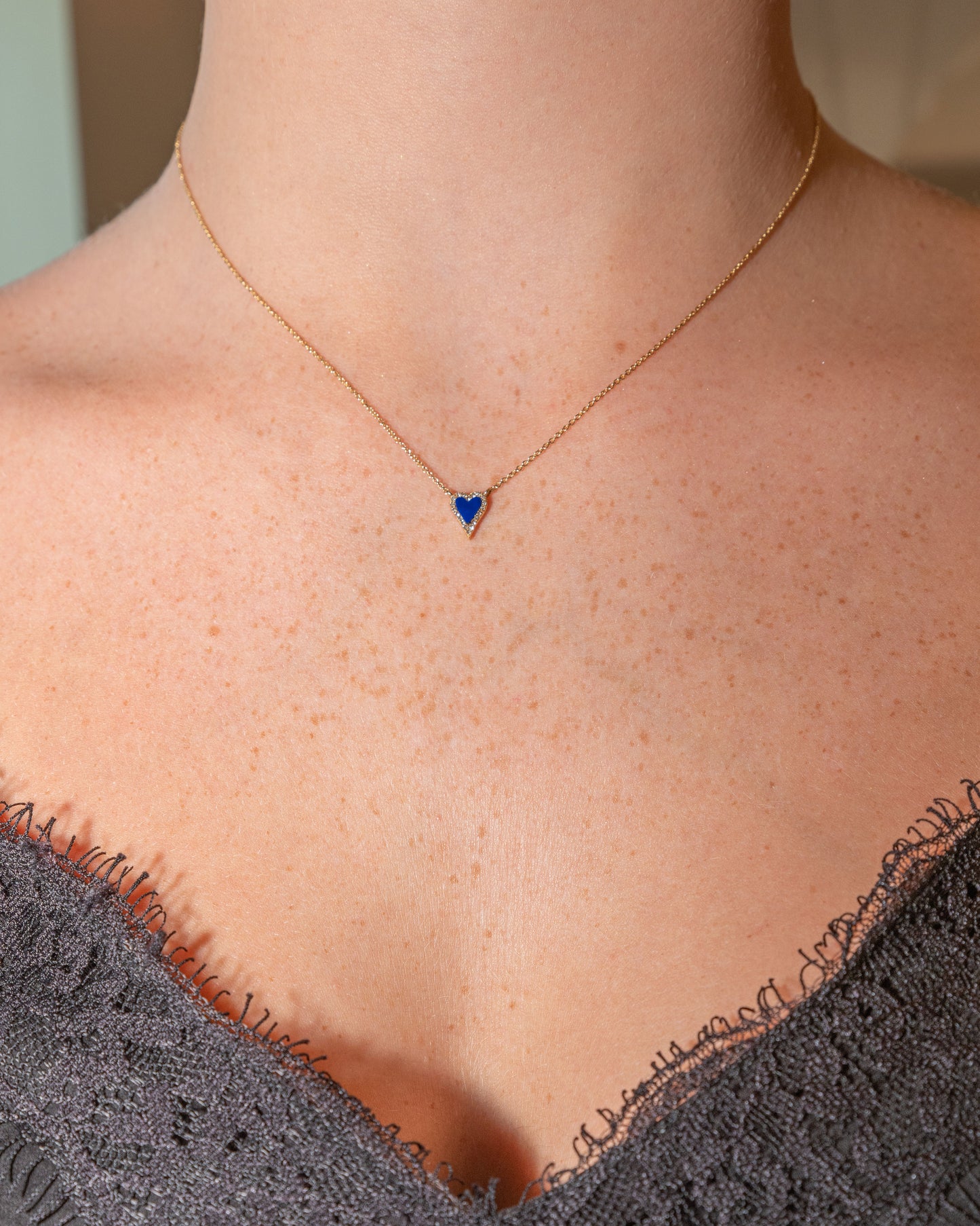 Tiny Enamel Heart Necklace with Pave Diamond Border